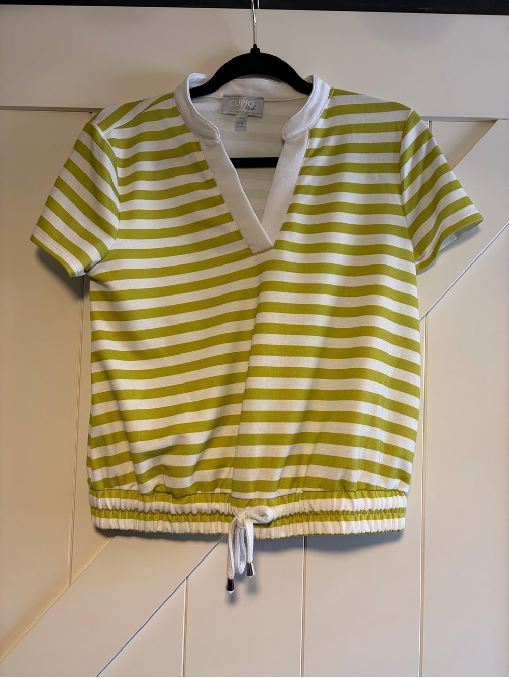 Cupio Lime Green and White Striped Short Sleeve Drawstring Top